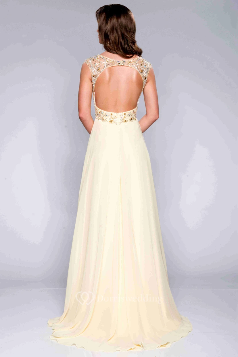 Chiffon-Abendkleid in A-Linie mit kurzen Ärmeln, U-Boot-Ausschnitt und Schlüssellochausschnitt am Rücken view 2