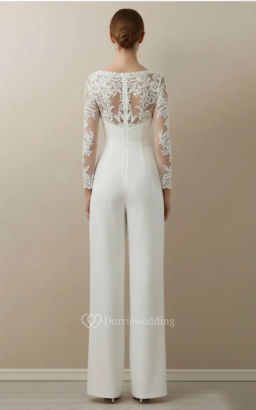 Hochzeitsjumpsuit mit Spitzenärmeln und weitem Bein view 2