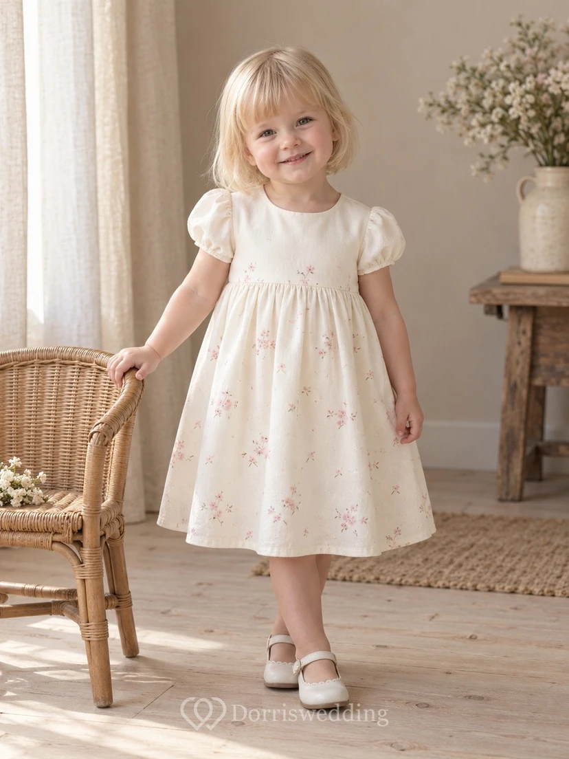 Modest Cream Pink Floral Knee Length Small Puff Sleeve Cluster Print Flower Girl Dress