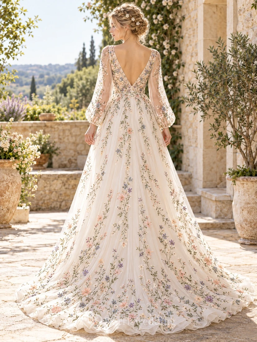 Floral Long Sleeve V-neck Embroidered Tulle A-line Train Wedding Dress view 2