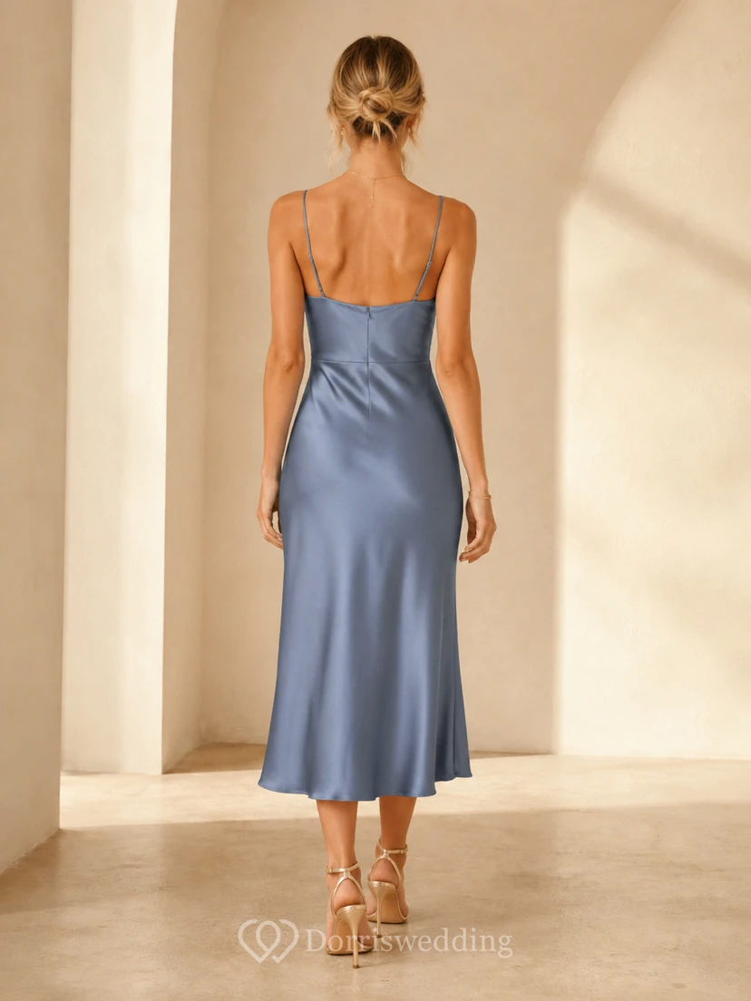 Dusty blue cowl neck satin slip midi bridesmaid dress view 2