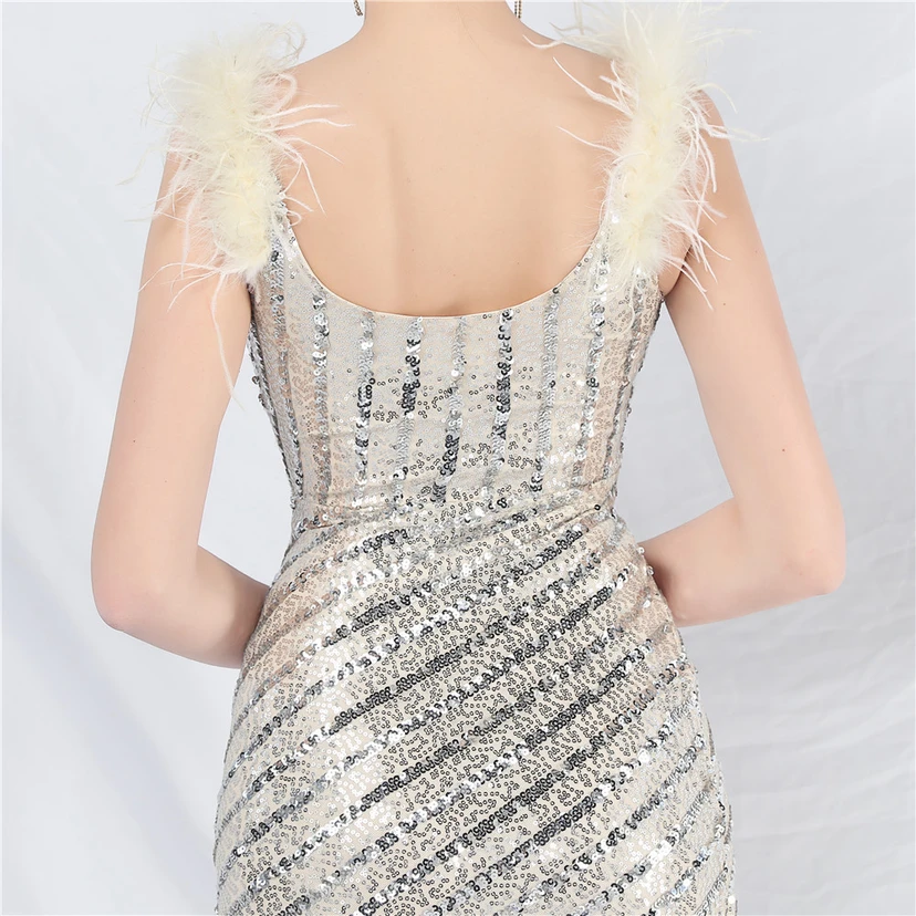 Evening Dress Craft Beaded Ostrich Feather Sequined Side Slit Evening Dress view 25
