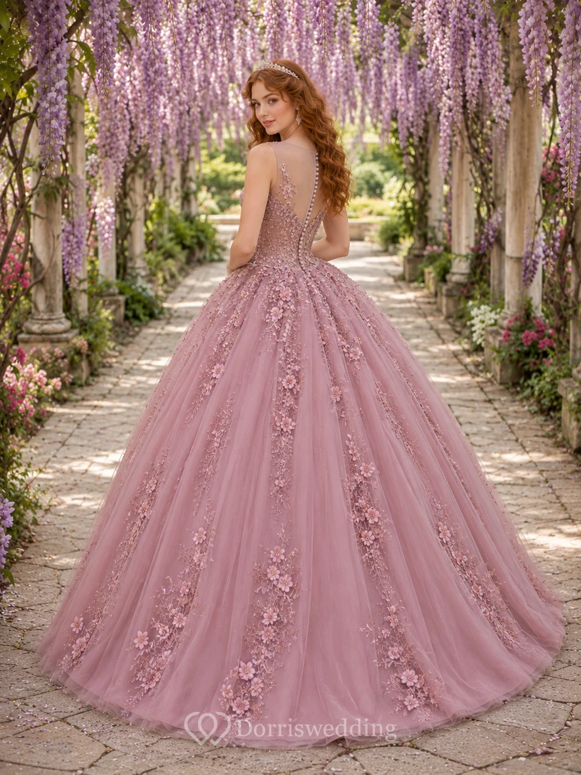 Mauve Pink Floral Applique Tulle Quinceanera Ball Gown view 2
