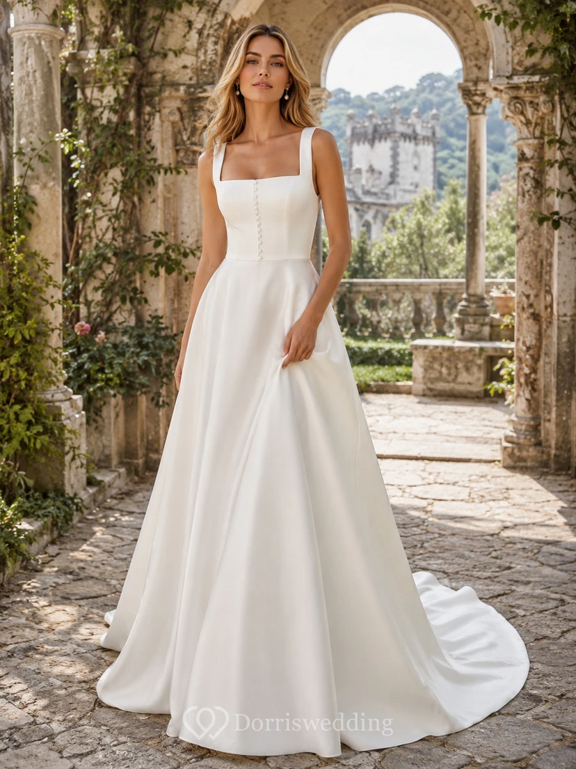 Robe de mariée simple en satin, coupe trapèze, bretelles carrées et traîne chapelle, idéale pour une destination.