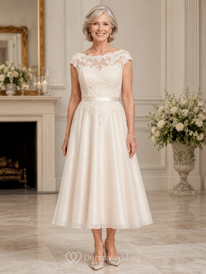Teelanges Satin-Hochzeitskleid für ältere Bräute mit Oberteil aus transparenter Spitze