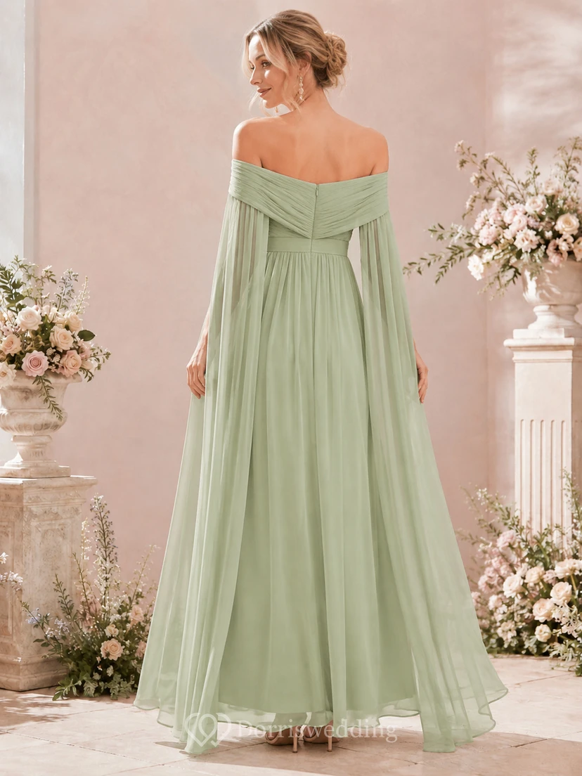 Sage off shoulder chiffon A-line bridesmaid dress with bow view 2