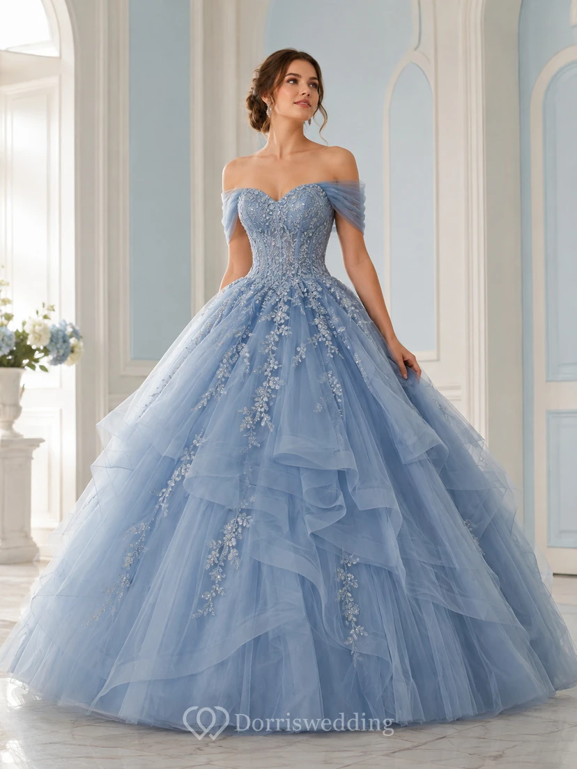 Slate Blue Luxury Off Shoulder Sweetheart Layered Applique Tulle Quinceanera Princess Ball Gown