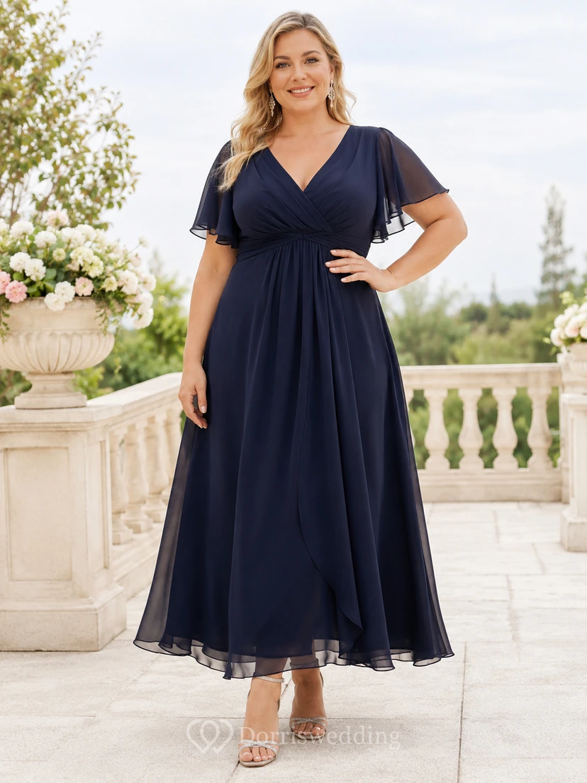 Dark Navy V Neck Flutter Sleeve Chiffon Empire Ankle Plus Size Guest Dress