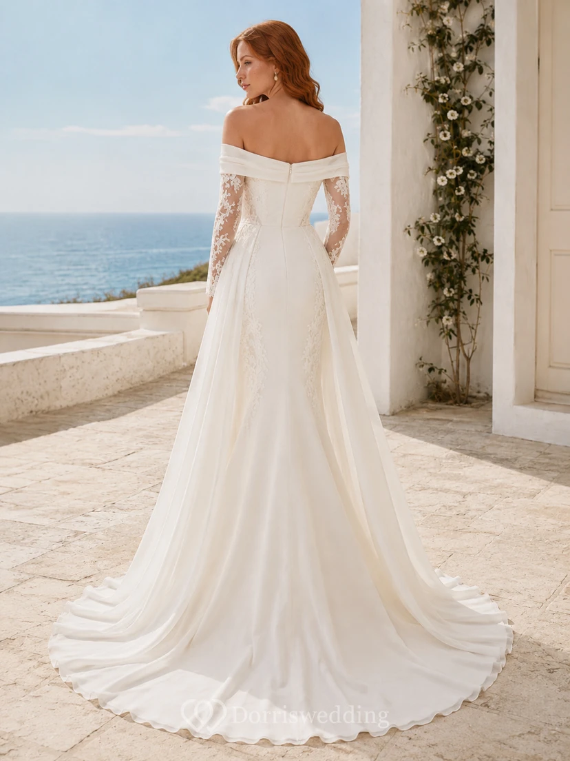 Elegantes Brautkleid aus polierter Satinspitze, schulterfrei, einärmelig, A-Linie, Schleppe, asymmetrischem Schnitt, Reißverschluss am Rücken view 2