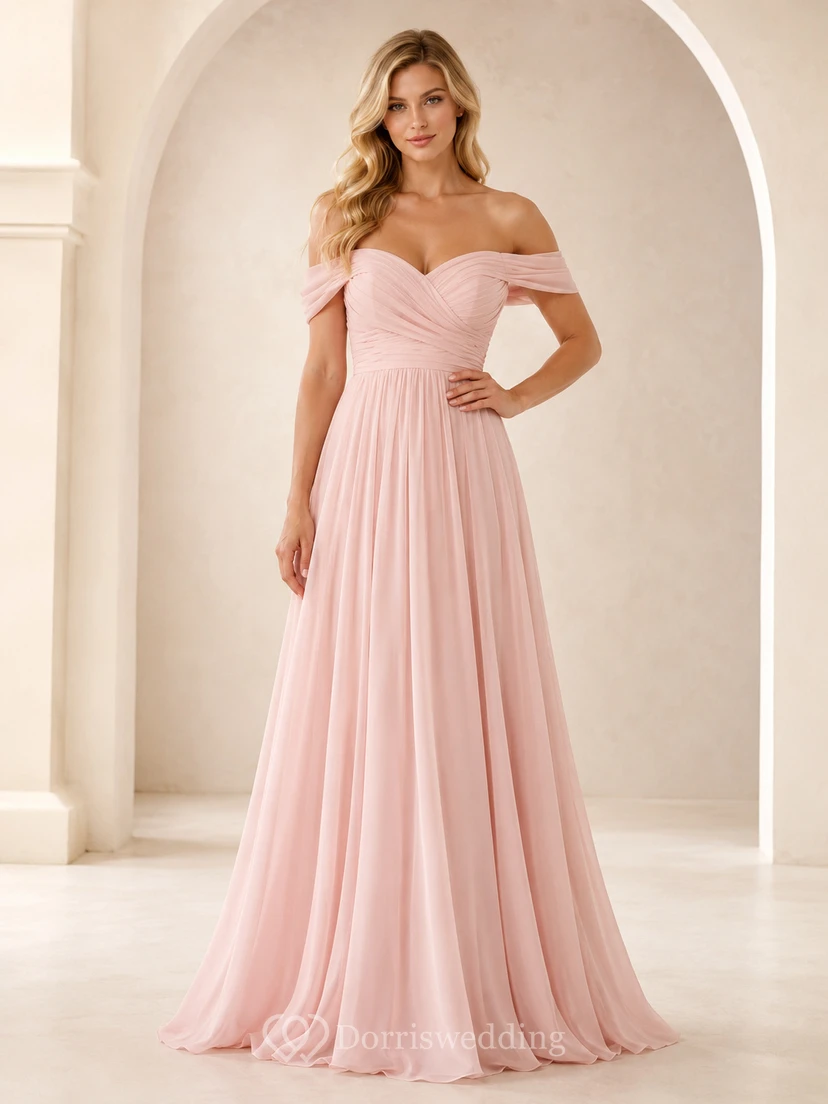Blush Off-Shoulder Sweetheart Ruched Chiffon Romantic A-Line Bridesmaid Gown Reception