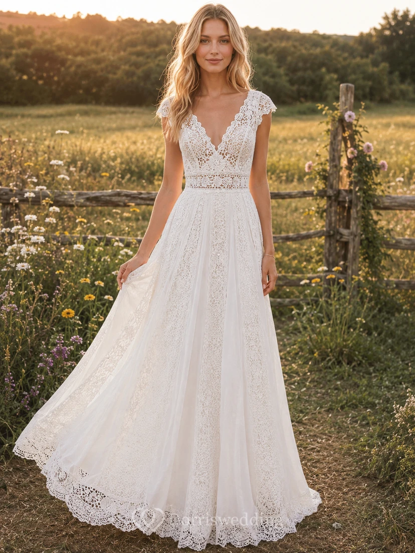 Boho V-Neck Lace Bodice A-Line Country Wedding Dress