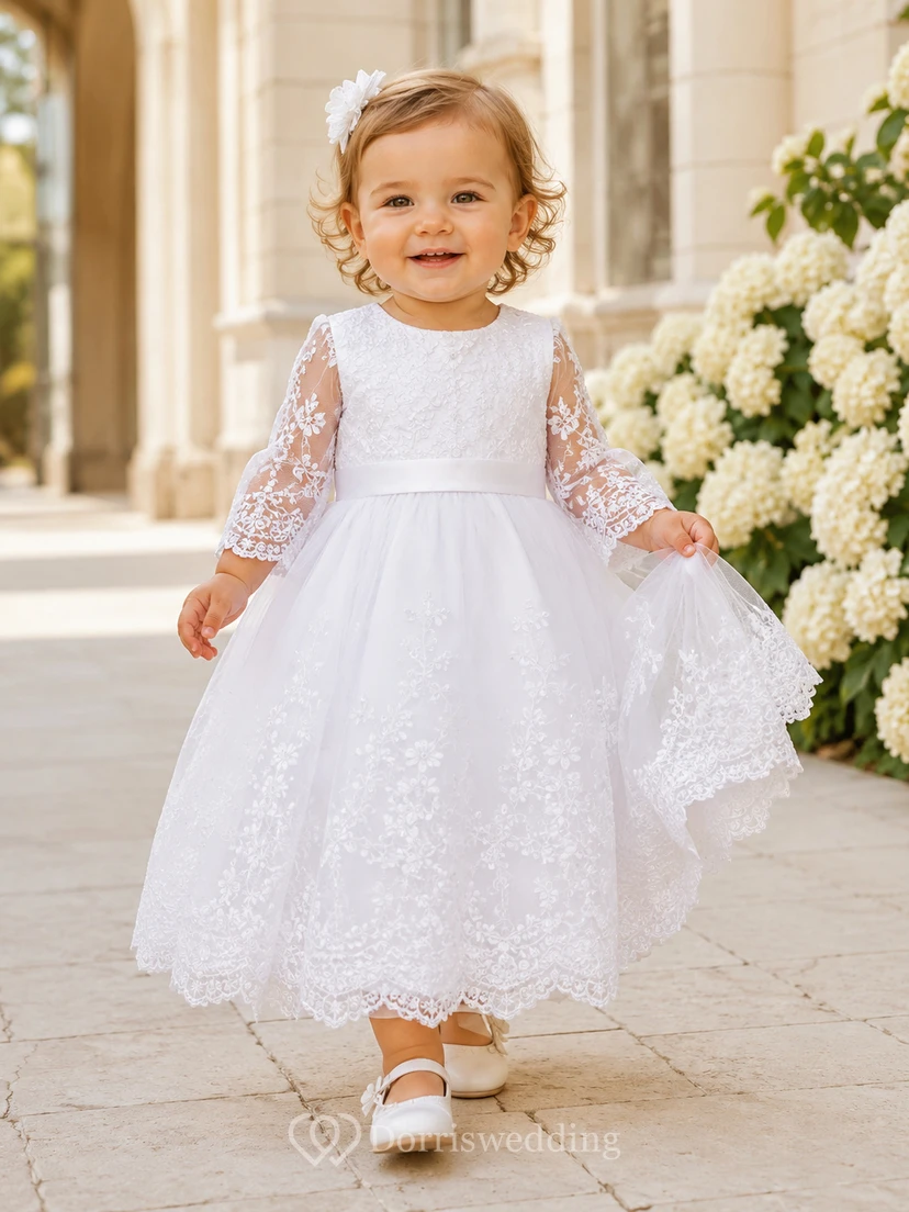 Embroidered Lace Sleeve Baby Christening A-Line Tulle Skirt Dress Modest