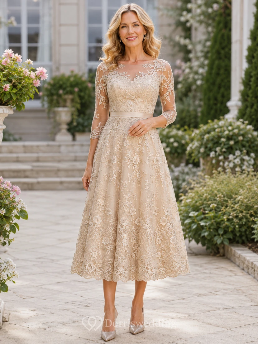 Vestido de novia de corte A hasta la rodilla con mangas de encaje y efecto ilusión color champán