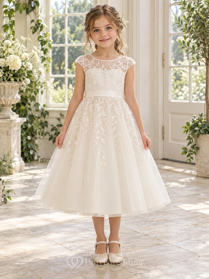 Modest Square Neck Ivory Ankle-length Flutter Sleeve Lace Tulle Flower Girl Dress view 2
