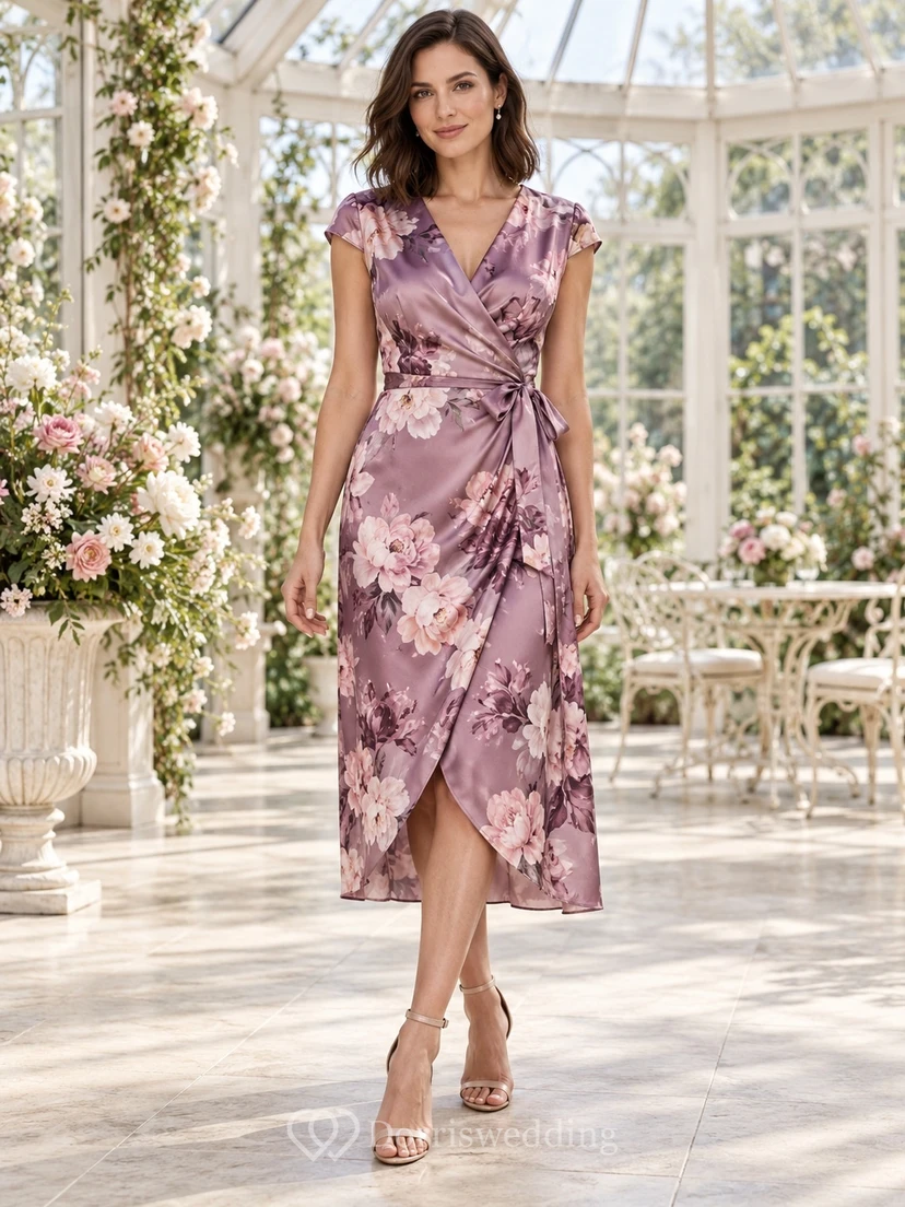 Vestido de fiesta vintage de gasa color malva con estampado floral, escote en V cruzado, manga corta y largo hasta la rodilla.