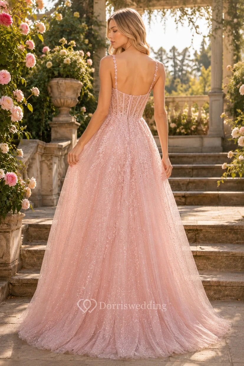 Blushing Pink Glitter Tulle A-Line Prom Dress with Sweetheart Bodice and Front Slit view 2