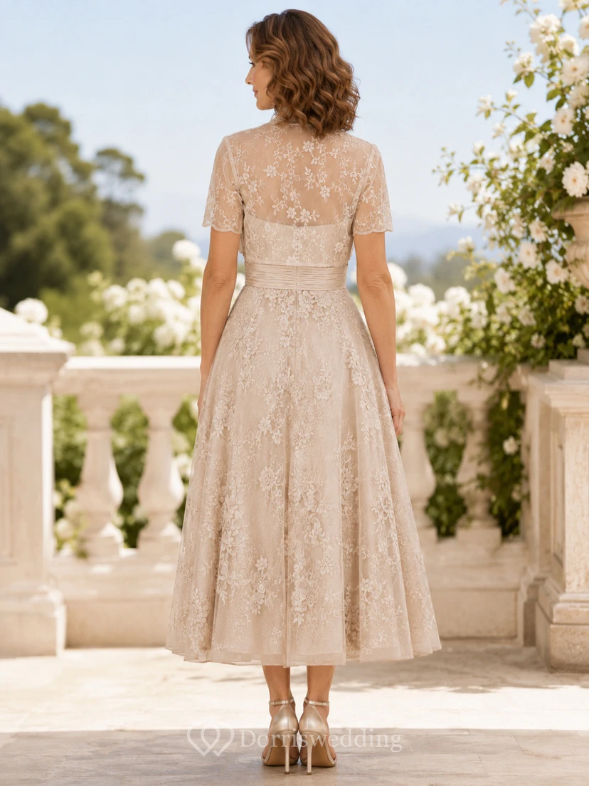 Champagnerfarbenes, wadenlanges A-Linien-Cocktailkleid aus Spitze mit herzförmigem Ausschnitt und kurzen Ärmeln, ideal für die Mutter der Braut. view 2