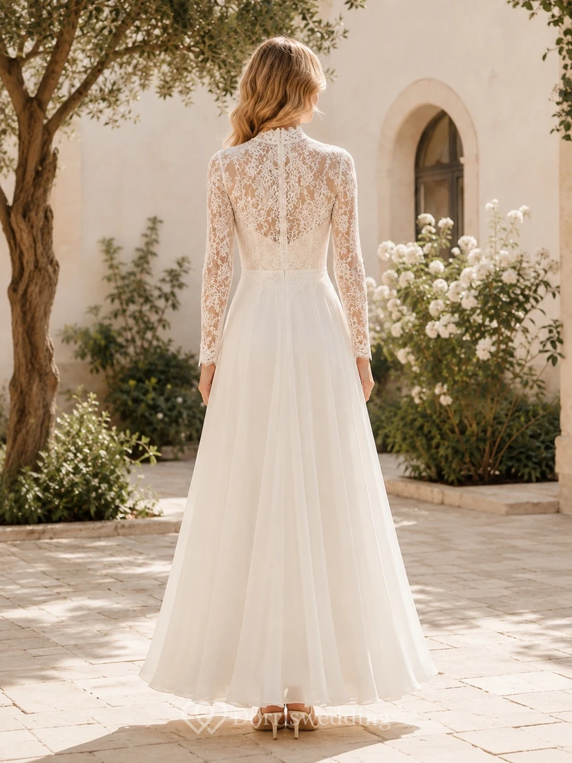 Civil Lace High-Neck Long-Sleeve A-Line Floor-Length Guest Dress view 2