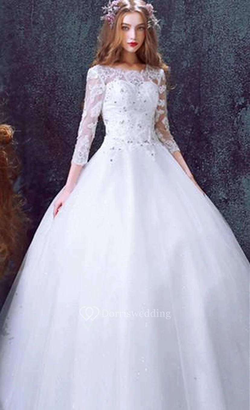 Romantic Tulle Lace Beadings Wedding Dress 3-4-Long Sleeve Princess