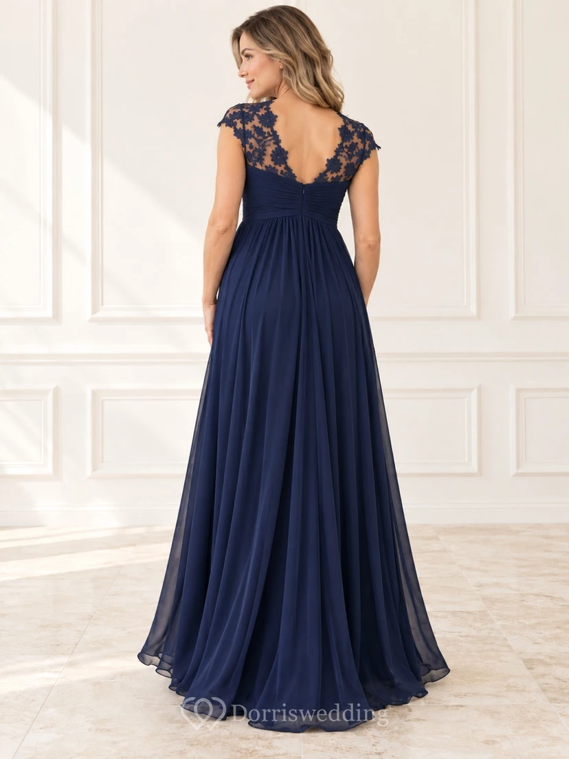 Maternity Dark Navy V Neck Lace Cap Empire Chiffon Dress view 2