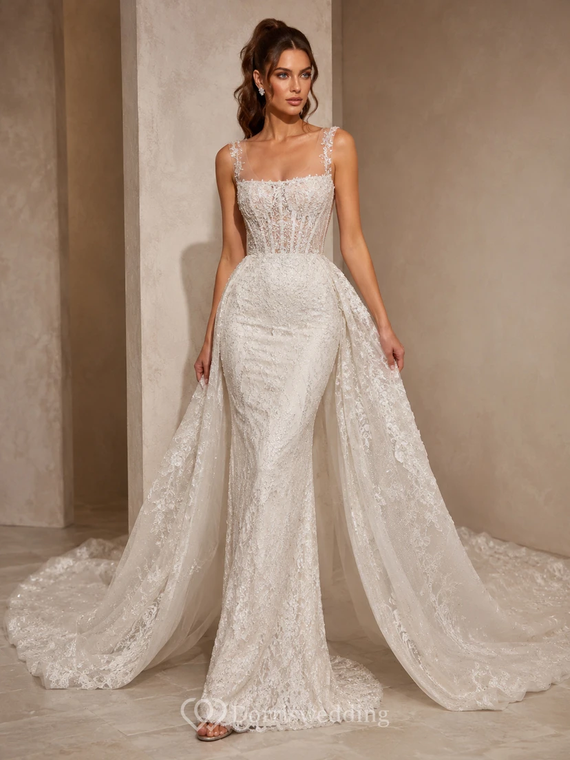 Robe de mariée de soirée en satin et dentelle, col carré, sans manches, fourreau, traîne chapelle, jupon amovible