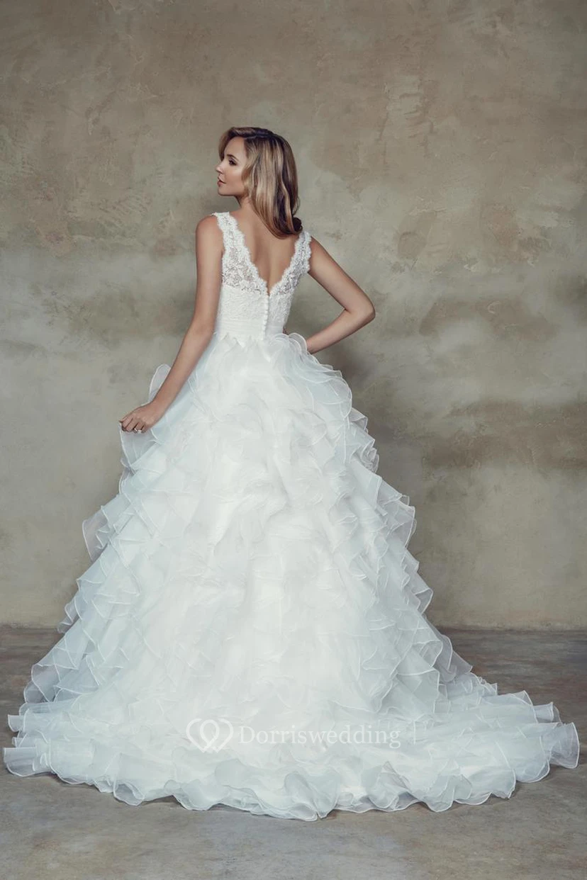 Ball-Gown Floor-Length V-Neck Appliqued Sleeveless Organza Wedding Dress With Cascading Ruffles And Low-V Back view 2