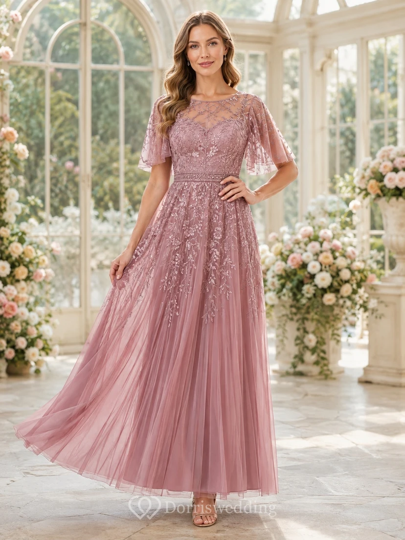 Dusty Rose Flutter Sleeve Bateau Beaded Tulle A-Line Floor-Length Romantic Elegant Mother Dress