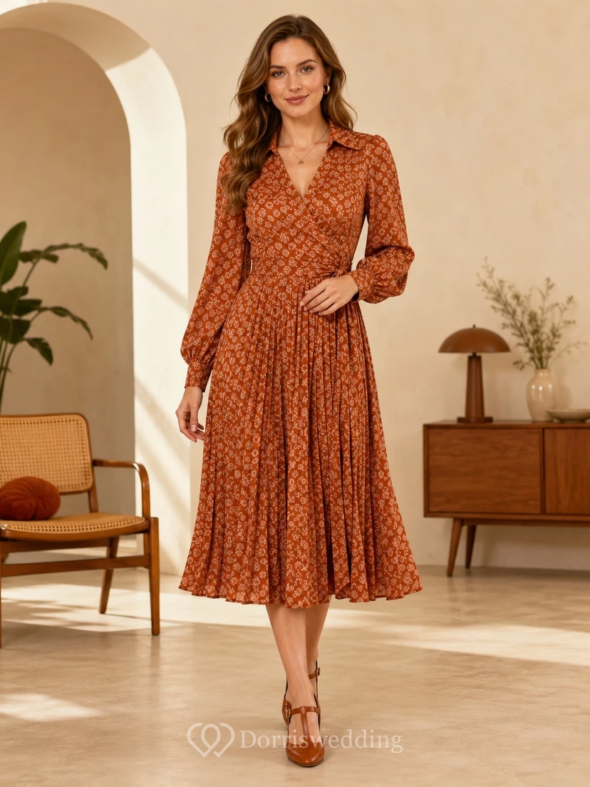Vestido vintage de gasa con estampado marrón óxido, cuello en V, manga larga, corte en A y largo hasta la rodilla