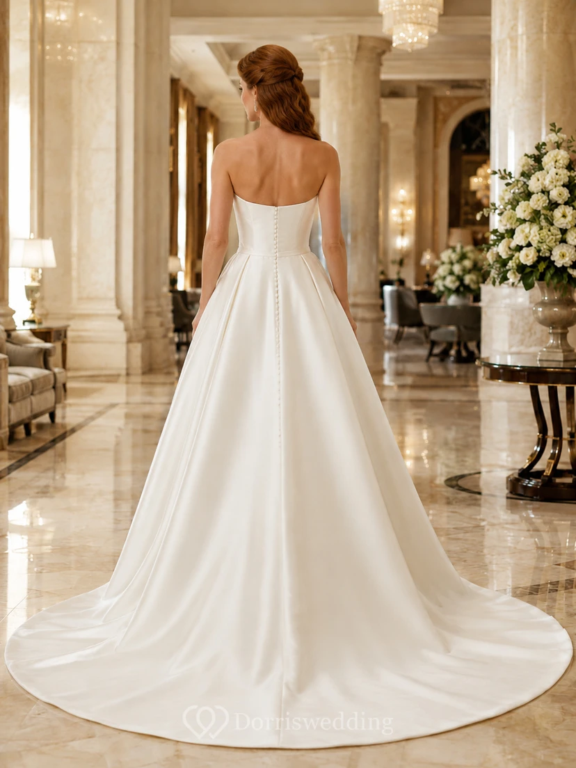 Vestido de novia minimalista de satén, estilo princesa, sin tirantes, con escote corazón y cola larga. view 2