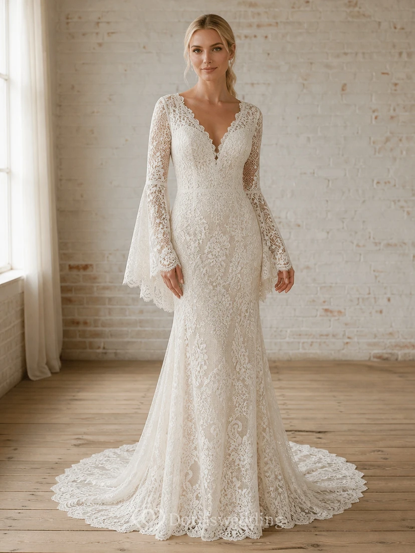 Vestido de novia bohemio de sirena con escote en V y mangas largas, largo hasta el suelo, con volantes festoneados.