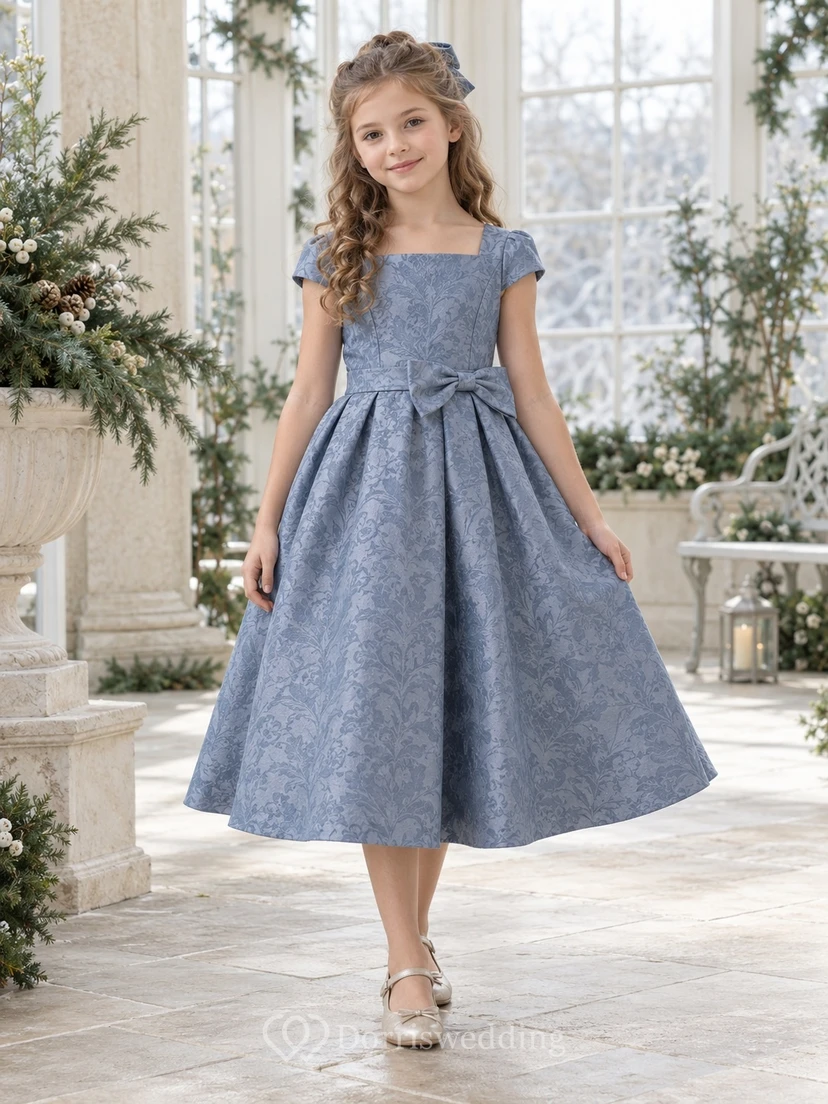 Dusty Blue Square Neck Brocade Cap Sleeve Bow Flower Girl Dress