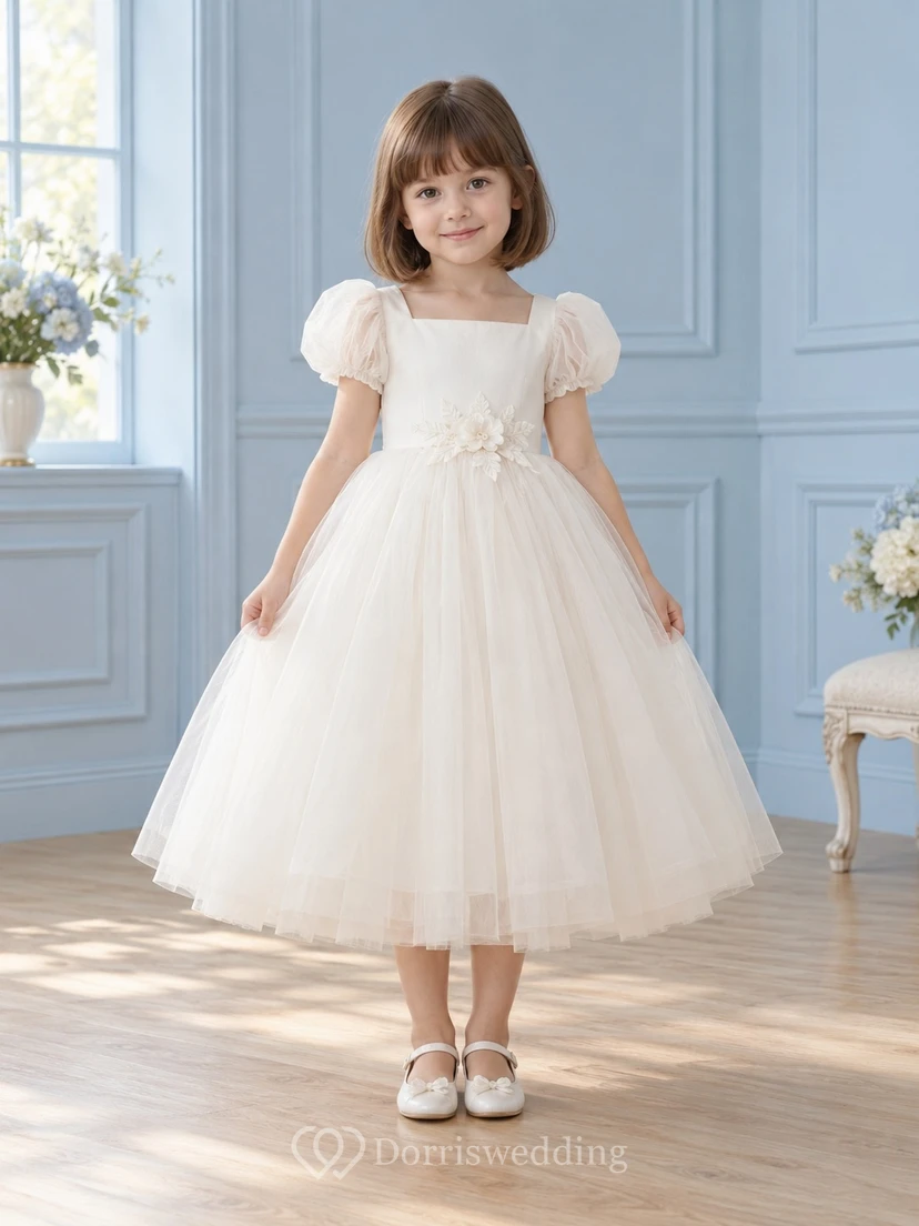 Modest Square Neck Tea-length Ivory Puff Sleeve Floral Tulle Flower Girl Dress