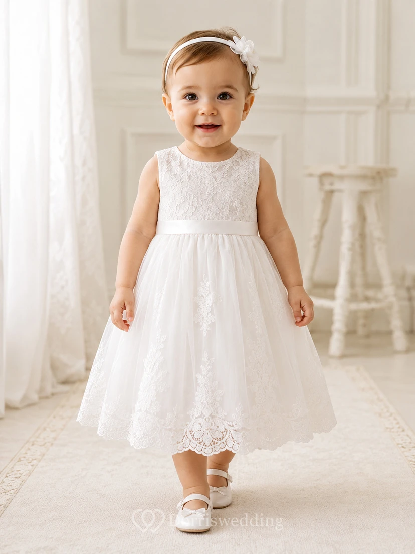 Sleeveless Baptism Dress A-Line Lace Tulle Jewel Neck Knee-Length