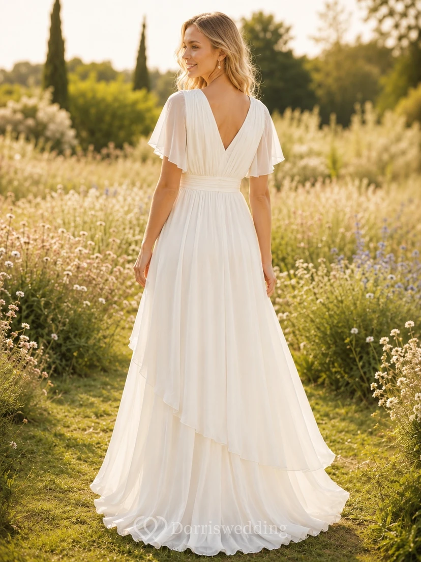 White Chiffon V-neck Short Sleeve A-Line High-low Asymmetrical Romantic Elegant Garden Layered Dress view 2