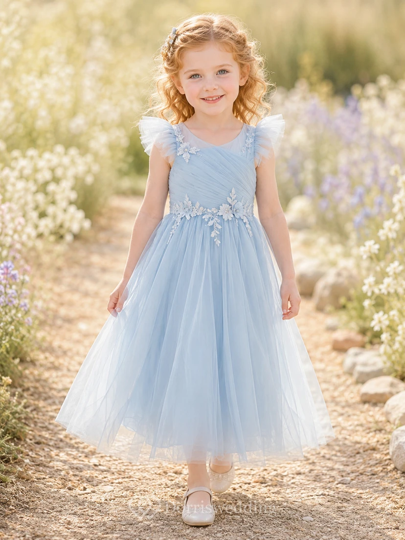 Blumenmädchenkleid, himmelblau, Tüll, A-Linie, Rundhalsausschnitt, Teelänge, Schleifendetail