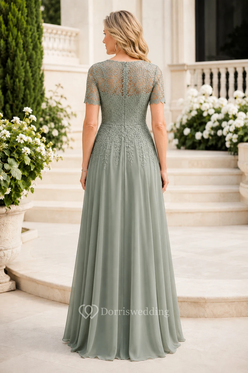 MOB Dress Sage Chiffon Lace A-Line Short Sleeve V-Neck Floor Length view 2