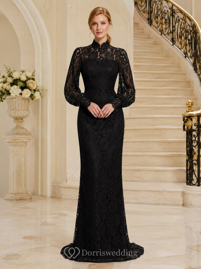 Robe de soirée formelle sobre noire à col montant et manches longues en dentelle, fourreau jusqu'au sol