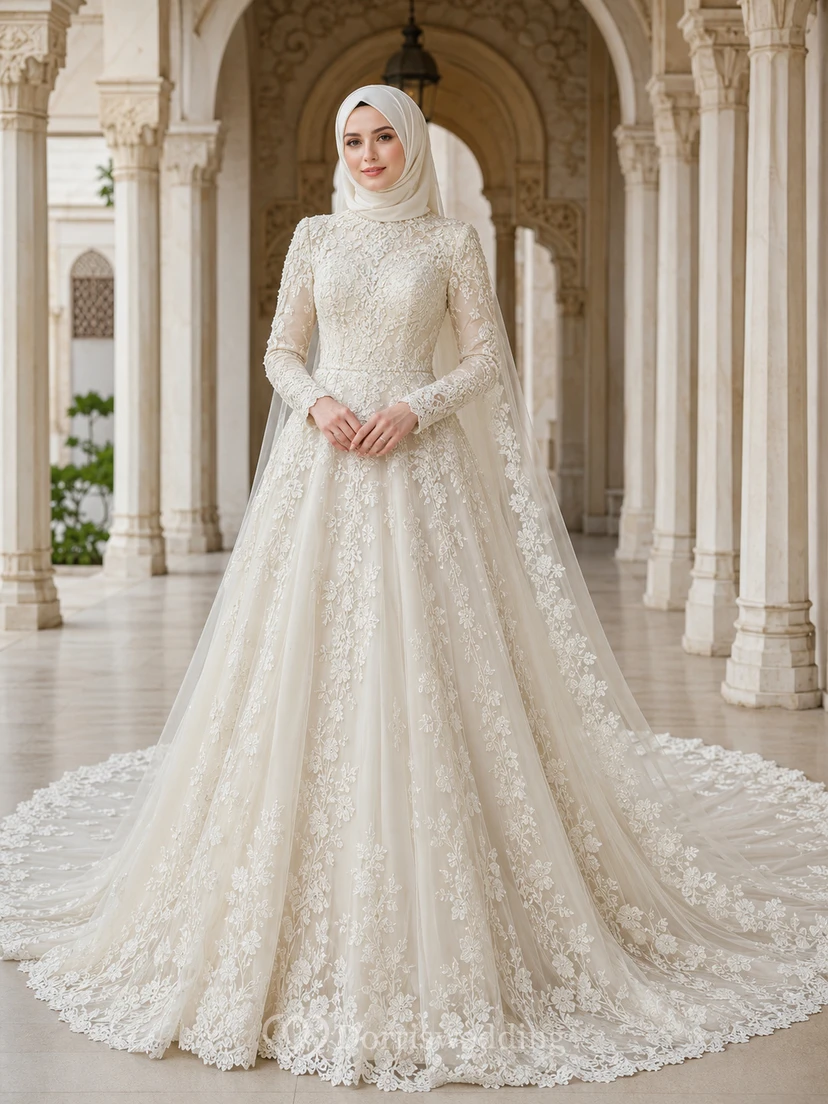 Luxury Muslim Embroidered Tulle Ball Gown Bridal Dress With Cathedral Train
