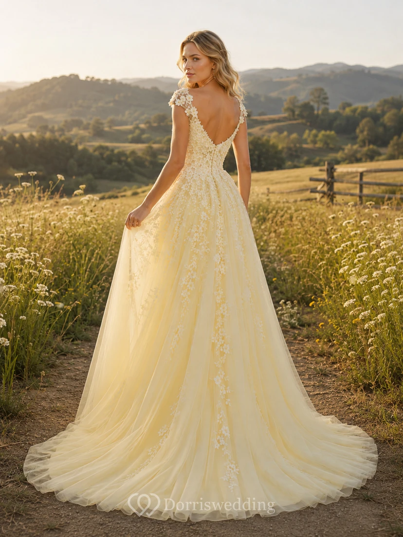 Yellow Floral Applique Countryside Meadow A Line Bridal Gown view 2