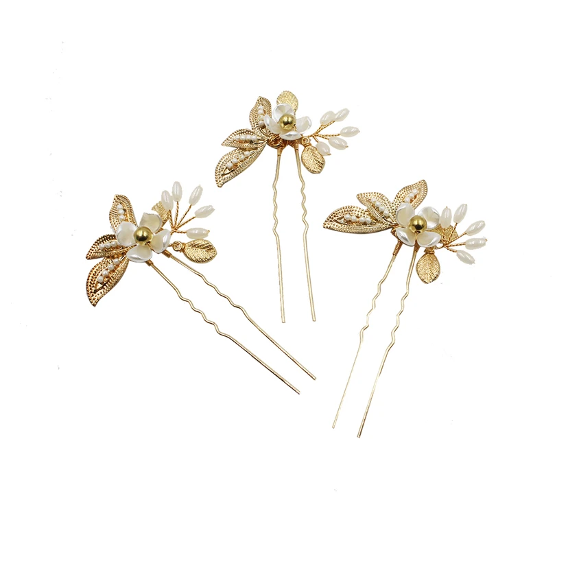 Zarte, handgefertigte goldene Haarnadeln mit Blumen view 3