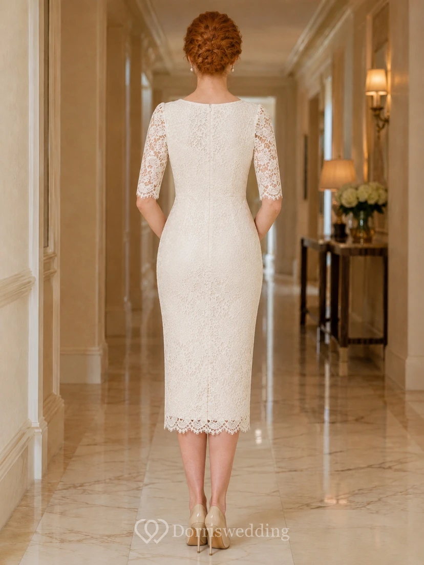 Modest Bateau Three-Quarter Sleeve Lace Sheath Tea-Length Civil Wedding Dress view 2