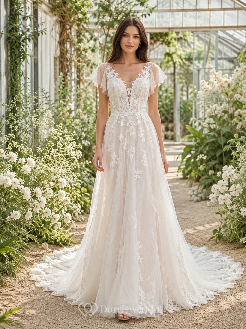Rustic V Neck Flutter Lace Sleeve A Line Chapel Outdoor Wedding Dress