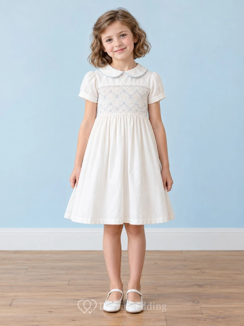 Simple Modest White Knee-length Blue-piped Peter-Pan Collar Short Sleeves Diamond-smocked Gathered Button-back Flowergirl Dress
