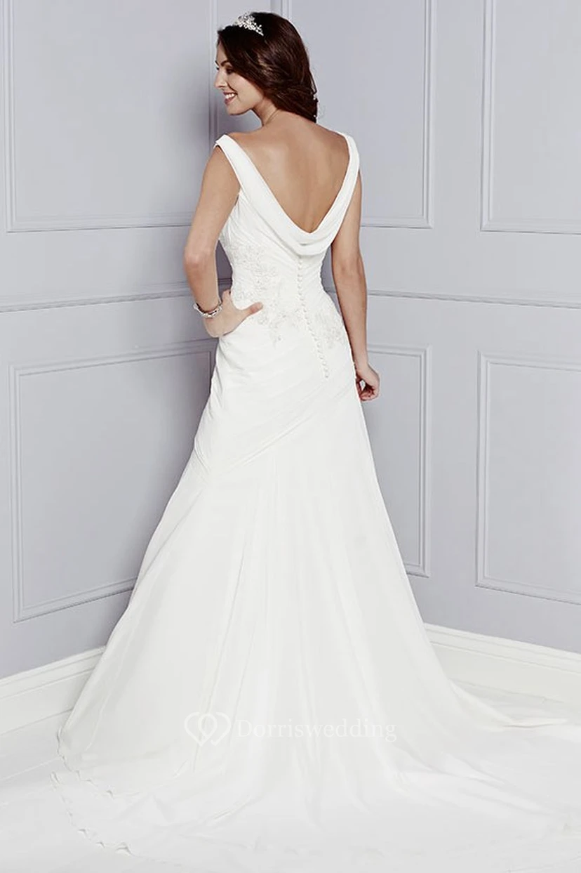 A-Line Cowl-Neck Maxi Appliqued Sleeveless Wedding Dress With Ruching view 2