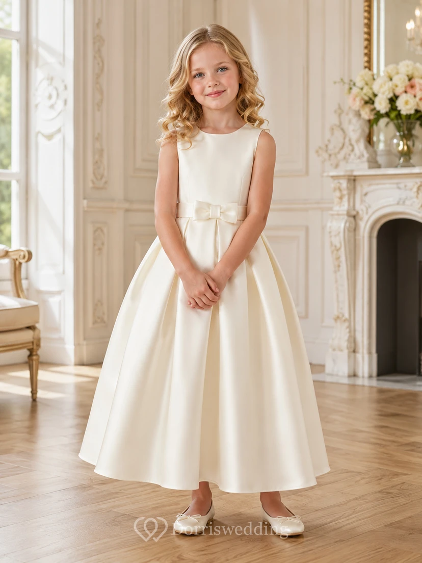 Blumenmädchenkleid aus elfenbeinfarbenem Satin, A-Linie, Rundhalsausschnitt, Teelänge, Schleifendetail