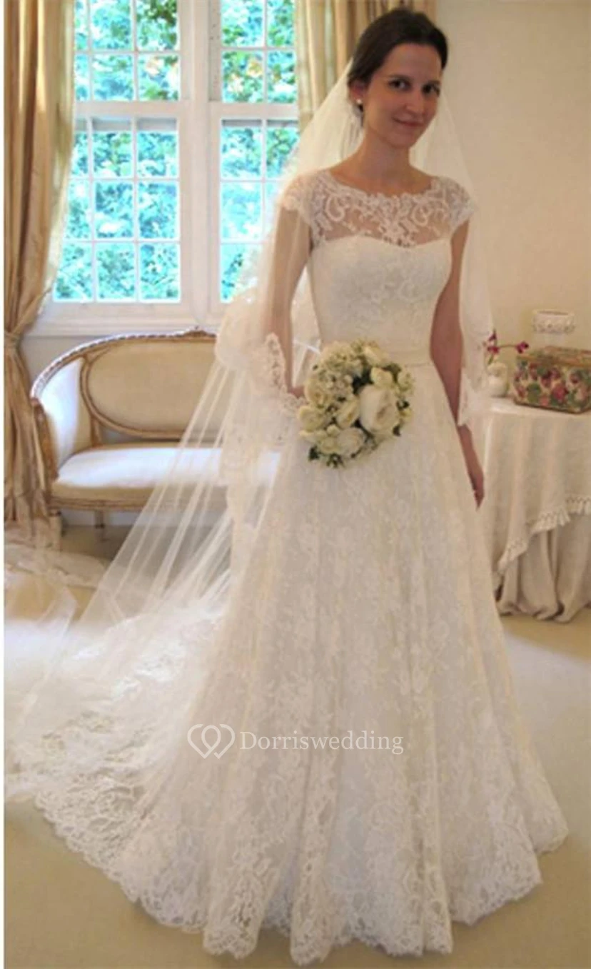 New Arrival Lace A-line Princess Modest Wedding Dresses With Cap Sleeves