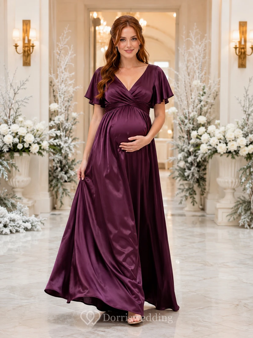 Plum V Neck Flutter Sleeve Satin Empire Floor Maternity Guest Gown