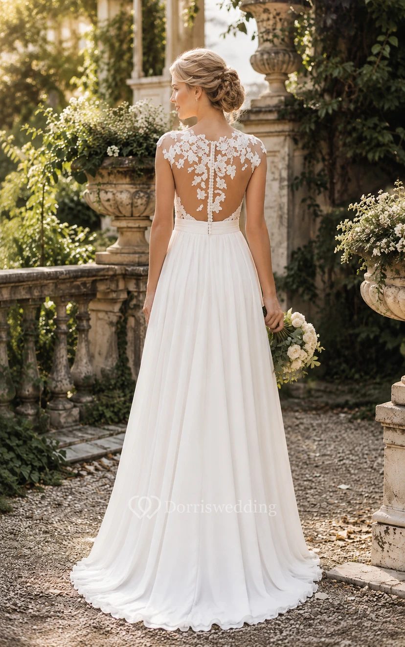 Robe de mariée en mousseline blanche à manches courtes et dentelle illusion, coupe trapèze view 2