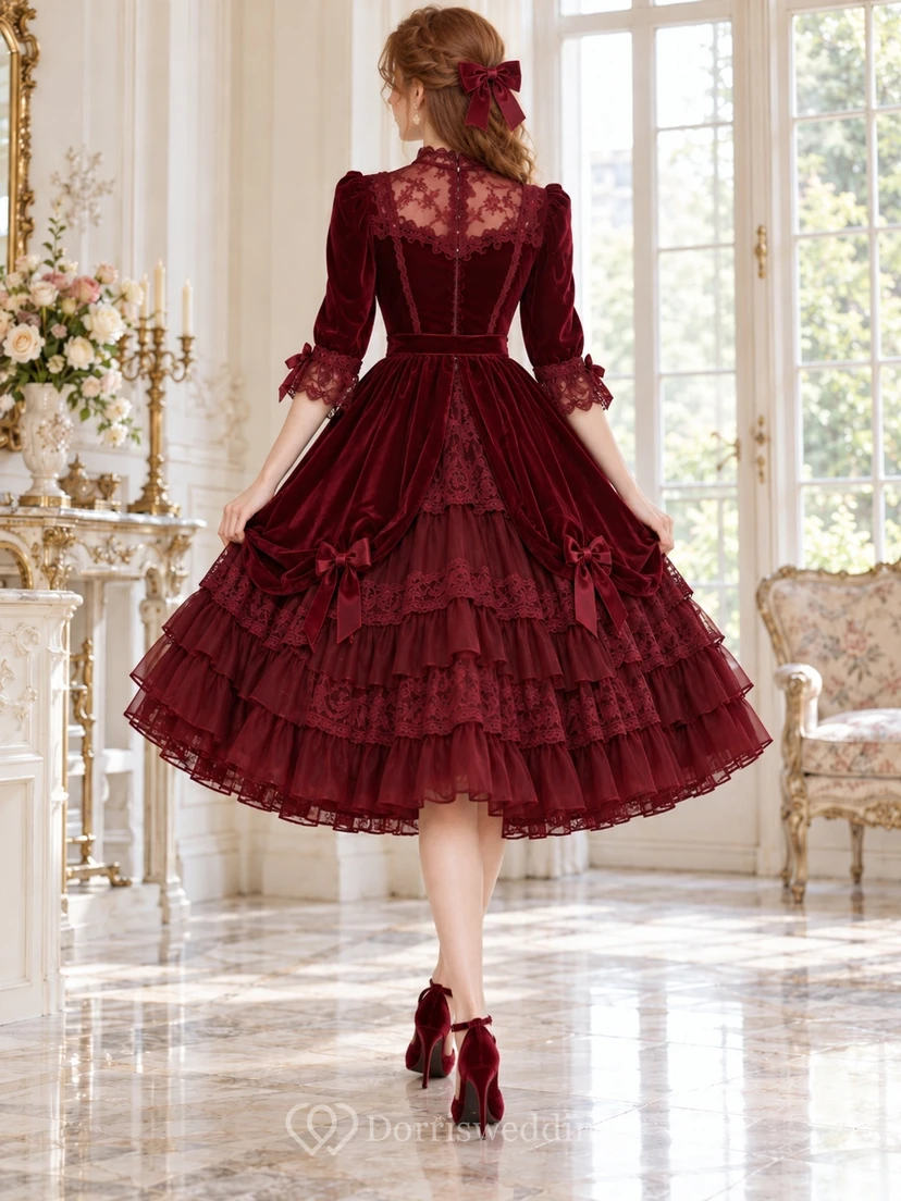 Robe de bal Lolita bordeaux à col montant, manches en dentelle et volants, longueur thé view 2