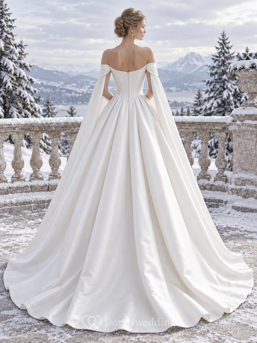 Vestido de novia de invierno sencillo de satén con escote Bardot y corte en A view 2